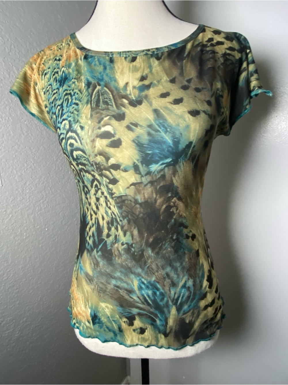 Y2K Eye Candy Blue & Tan Peacock Leopard Flutter Sleeve Mesh Top Size Medium